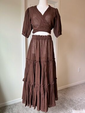 Lisa Marie Fernandez Linen Set Brown Wrap Crop Top Tiered Maxi Skirt Resort Wear